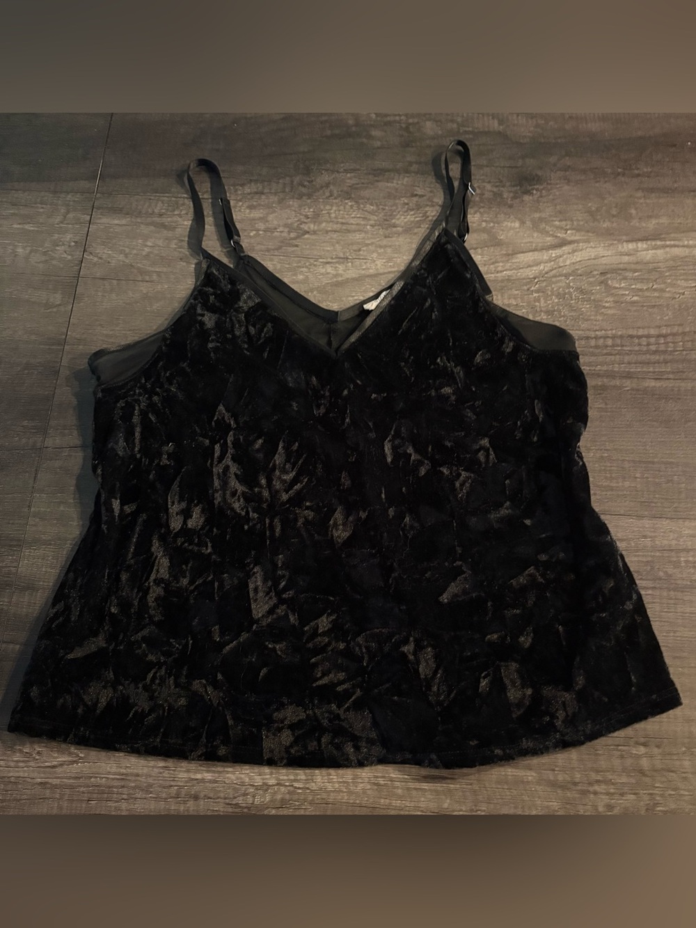 Women’s Crushed Velvet Black Tank Top Mesh Panel Large Whimsigoth Fairy Grunge